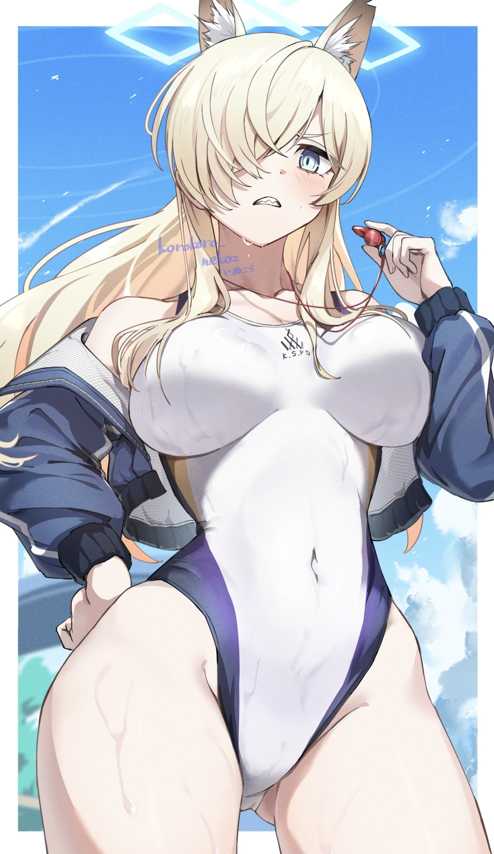 1girl animal_ear_fluff animal_ears aqua_halo artist_name blue_archive blue_eyes blue_sky blush breasts cameltoe clenched_teeth cloud collarbone commentary competition_swimsuit covered_navel day gluteal_fold hair_over_one_eye halo hand_on_own_hip highleg highleg_one-piece_swimsuit highres holding holding_whistle impossible_clothes kanna_(blue_archive) kanna_(swimsuit)_(blue_archive) korokoro_nekoz large_breasts long_hair official_alternate_costume one-piece_swimsuit outdoors sharp_teeth sky solo swimsuit teeth wet wet_clothes wet_swimsuit whistle whistle_around_neck white_one-piece_swimsuit