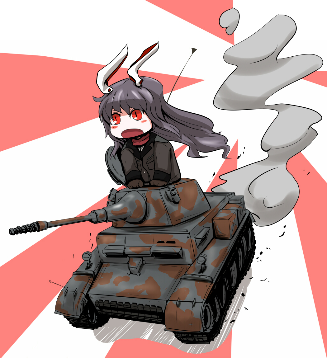 1girl animal_ears blush caterpillar_tracks chibi commentary_request gloves jacket long_hair military military_vehicle motor_vehicle open_mouth panzer_ii panzer_ii purple_hair rabbit_ears red_eyes reisen_udongein_inaba smoke solo tank touhou world_of_tanks yaruku