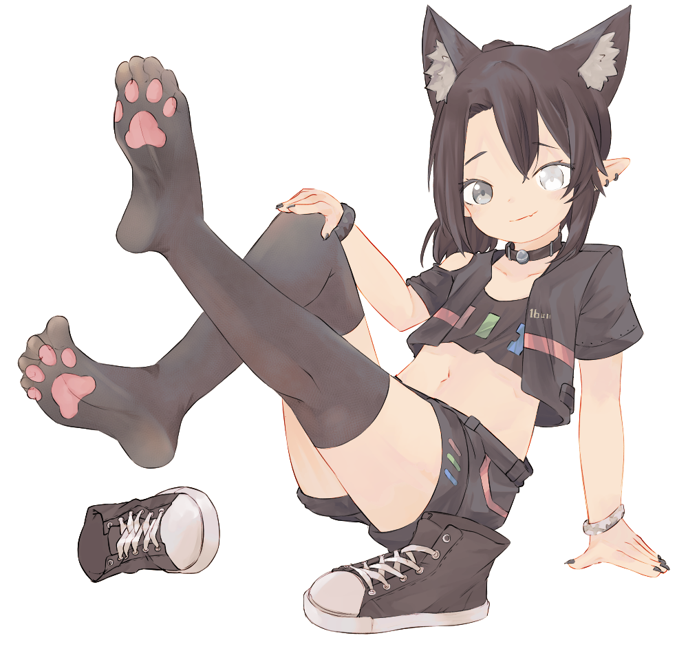 1girl animal_ears black_eyes black_hair black_shorts black_tank_top black_thighhighs bracelet cat_ears cat_girl chaosexceed clothing_cutout collar commission crop_top cropped_jacket feet flat_chest full_body heterochromia hunewearl jacket jewelry legs midriff navel no_shoes open_clothes open_jacket paw_print paw_print_soles phantasy_star pixiv_commission pointy_ears shoes unworn_shoes short_shorts short_sleeves shorts shoulder_cutout single_bare_shoulder smile soles spread_toes stomach tank_top thighhighs toes white_eyes