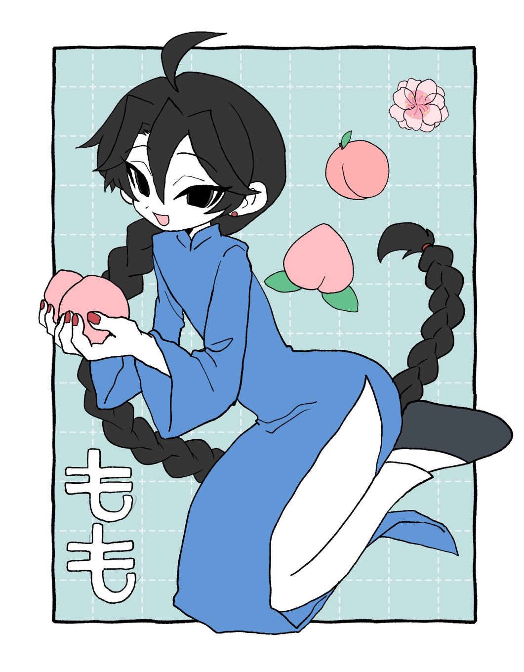 1boy bifuteki_(bi_futeki) black_eyes black_hair blue_background braid changpao chinese_clothes food fruit full_body grid_background highres holding holding_food holding_fruit long_hair looking_at_viewer male_focus original peach single_braid translation_request trap very_long_hair