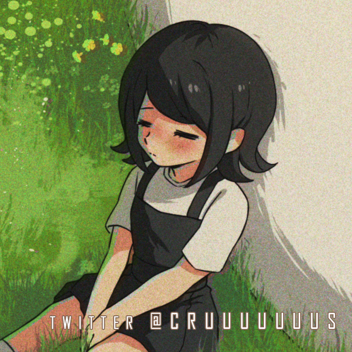 1girl aged_down between_legs black_dress black_hair blush closed_eyes commentary cosplay criis-chan danganronpa:_trigger_happy_havoc danganronpa_(series) dress feet_out_of_frame flower from_above grass hand_between_legs ikusaba_mukuro kusakabe_mei kusakabe_mei_(cosplay) on_grass outdoors shirt short_hair short_sleeves sitting solo tonari_no_totoro twitter_username v_arms white_shirt yellow_flower