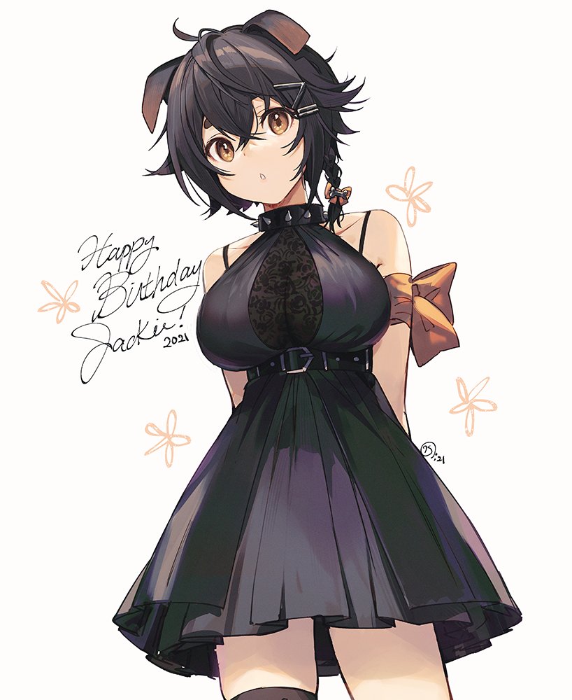 1girl :o alternate_costume animal_ears arknights arm_ribbon arms_behind_back bare_shoulders black_dress black_hair black_thighhighs bone_hair_ornament bow braid breasts brown_eyes buckle character_name commentary dog_ears dress english_commentary hair_bow hair_ornament hairclip happy_birthday jackie_(arknights) large_breasts looking_at_viewer nagu orange_bow parted_lips ribbon short_hair side_braid signature simple_background single_thighhigh sleeveless sleeveless_dress solo thighhighs underbust white_background