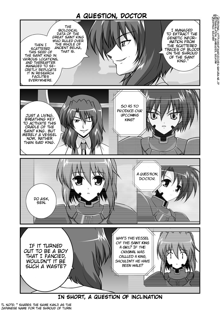 00s 1boy 1girl bodysuit comic english_text eyebrows facial_mark greyscale hard-translated jail_scaglietti lab_coat lyrical_nanoha mahou_shoujo_lyrical_nanoha mahou_shoujo_lyrical_nanoha_strikers mikage_takashi monochrome numbers_(nanoha) one_eye_closed sein_(nanoha) text_focus third-party_edit translated