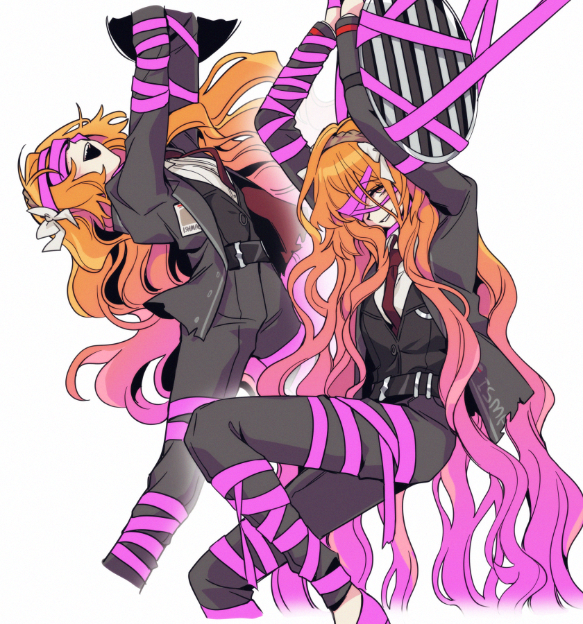 1girl arm_shield arms_up bbunny belt black_belt black_jacket black_pants black_vest bound bound_arms bow brown_hairband collared_shirt e.g.o_(project_moon) gradient_hair grin hair_bow hairband ishmael_(project_moon) jacket leg_ribbon limbus_company long_hair looking_at_viewer multicolored_hair multiple_views necktie open_mouth orange_hair pants pink_hair pink_ribbon pink_shoes_(project_moon) project_moon red_necktie ribbon roseate_desire_(e.g.o) shirt simple_background smile very_long_hair vest white_background white_bow white_shirt