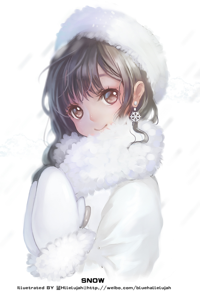 1girl blue_hallelujah brown_eyes brown_hair coat earrings female_focus from_side fur_coat fur_hat hat jewelry looking_at_viewer looking_to_the_side own_hands_together simple_background smile snowflake_earrings solo white_background white_theme winter_clothes winter_coat