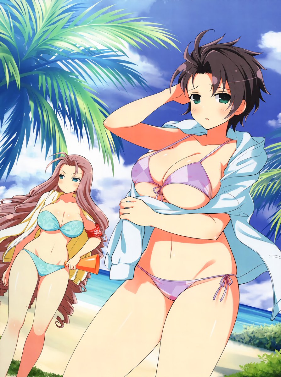 2girls :o antenna_hair arm_up armband beach bikini black_hair blue_bikini blue_eyes blue_sky blush breasts brown_hair bush closed_mouth cloud cloudy_sky collarbone curvy day drill_hair floral_print_bikini front-tie_bikini_top front-tie_top gluteal_fold green_eyes groin highres holding holding_megaphone horizon jacket jacket_on_shoulders kanzaki_(senran_kagura) kochou_(senran_kagura) large_breasts linea_alba long_hair looking_at_viewer looking_to_the_side megaphone micro_bikini multiple_girls navel ocean official_art open_mouth outdoors palm_leaf palm_tree plant purple_bikini red_armband sand senran_kagura senran_kagura_new_wave shiny_skin short_hair side-tie_bikini_bottom skindentation sky spiked_hair standing stomach strapless strapless_bikini swimsuit tree underboob very_long_hair water white_jacket yaegashi_nan yellow_jacket