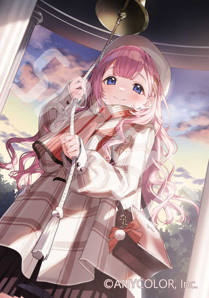 1girl bag blush booota brown_bag coat jewelry long_hair long_sleeves nijisanji official_art pink_hair purple_eyes ring sample_watermark scarf shoulder_bag smile solo suo_sango virtual_youtuber watermark white_coat white_headwear winter