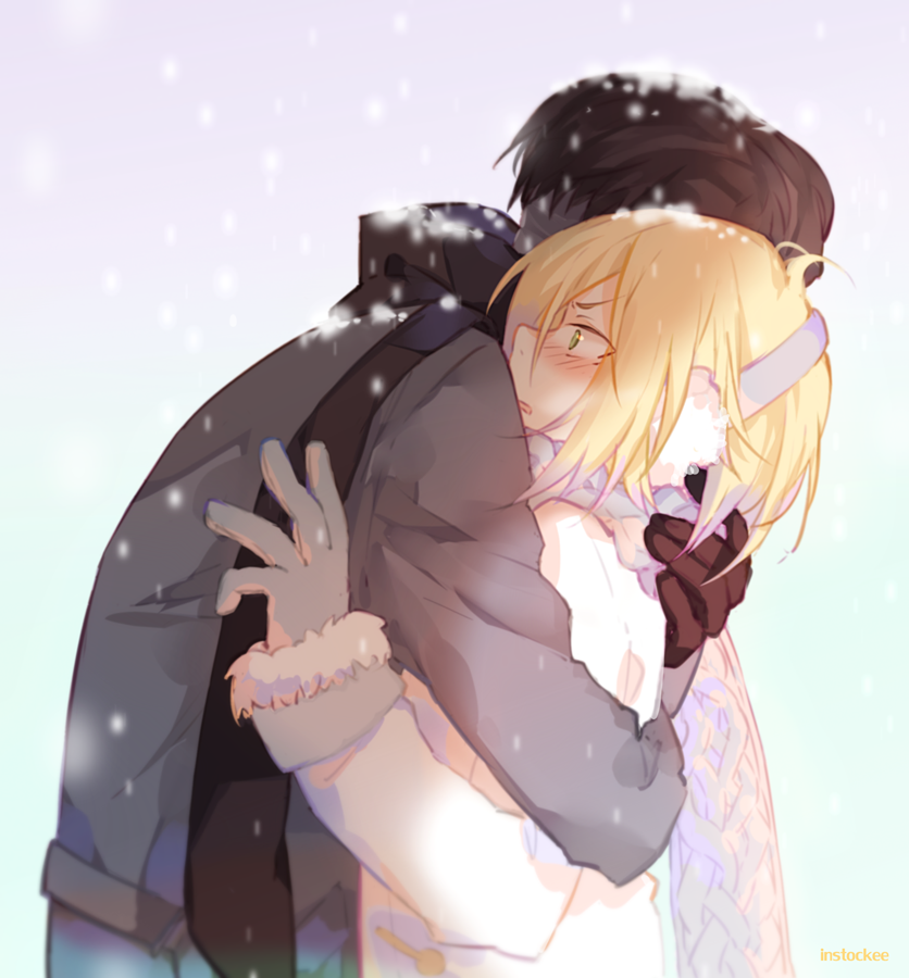 10s 2boys bad_id bad_pixiv_id black_gloves black_hair blonde_hair blush earmuffs gloves green_eyes hug instocklee male_focus multiple_boys otabek_altin scarf snowing white_gloves yuri!!!_on_ice yuri_plisetsky