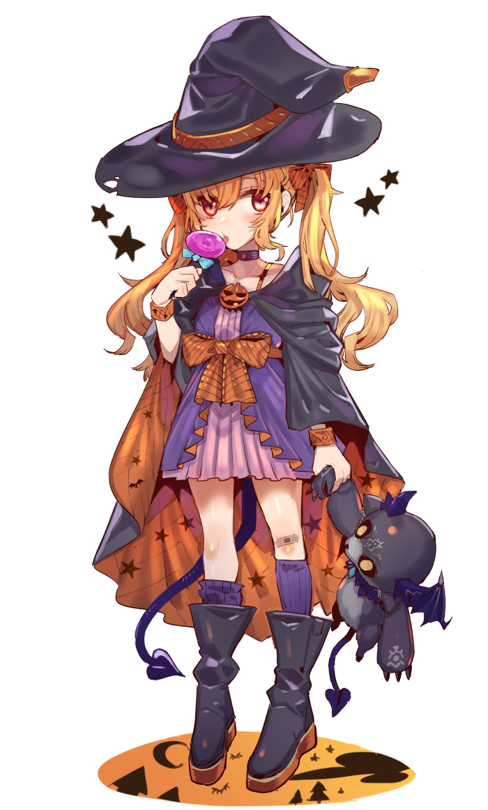 1girl :p bandaid bandaid_on_knee bandaid_on_leg black_cloak black_footwear black_hat blonde_hair boots bow candy choker cloak commentary_request demon_tail dress food full_body hair_bow halloween halloween_costume hat holding holding_candy holding_food holding_lollipop holding_stuffed_toy jack-o&#039;-lantern_ornament lollipop long_hair looking_at_viewer nijisanji orange_bow orange_cloak print_cloak purple_choker purple_dress purple_socks red_eyes short_dress simple_background socks solo spaghetti_strap standing star_(symbol) stuffed_toy tail tajima_ryuushi takamiya_rion tongue tongue_out twintails two-sided_cloak two-sided_fabric virtual_youtuber white_background witch_hat wristband