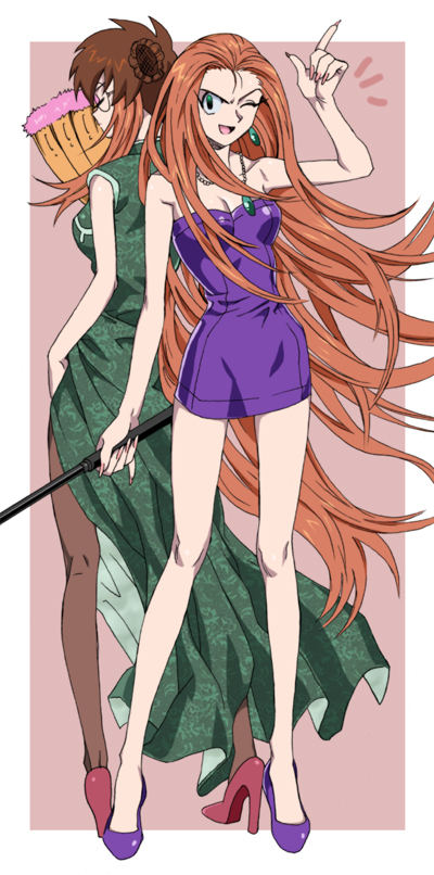 2girls baton baton_(weapon) breasts brown_hair china_dress chinese_clothes disguise dress dual_persona expandable_baton fingernails ghost_sweeper_mikami glasses green_eyes hand_fan high_heels jewelry juvenile_a_elegy legs long_hair long_image michiru2 mikami_reiko miniskirt multiple_girls one_eye_closed open_mouth pantyhose pendant shoes short_dress skirt tall_image very_long_hair wink