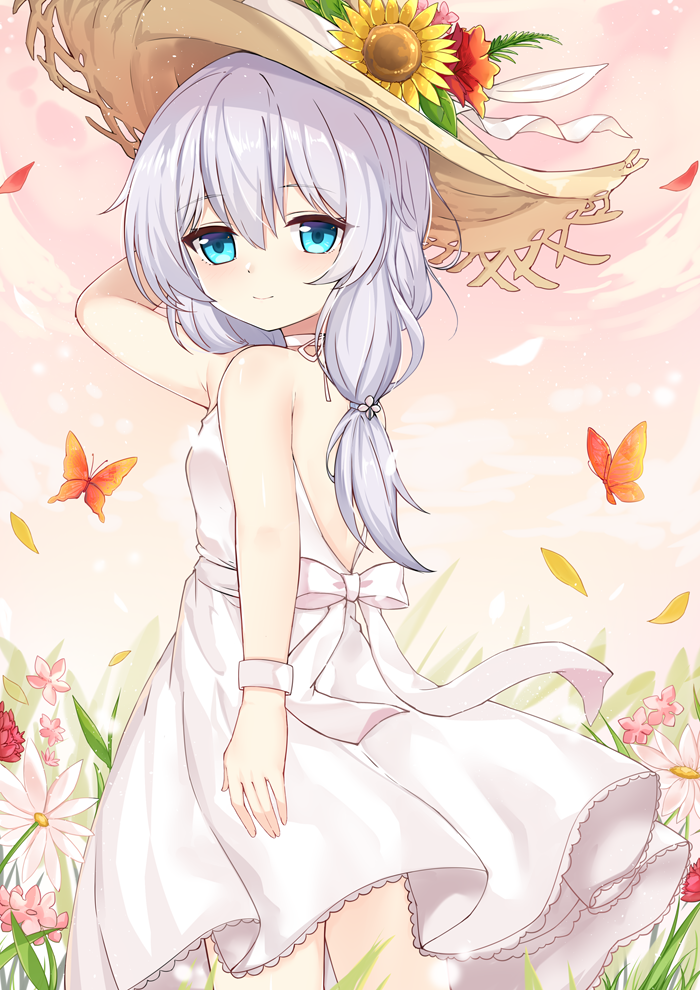 1girl arm_up back_bow beige_headwear blue_eyes bow breasts bug butterfly choker closed_mouth falling_petals feet_out_of_frame flower hair_between_eyes hat hat_flower honkai_(series) honkai_impact_3rd insect kana_(kuaua) light_blush light_smile long_hair looking_at_viewer looking_back low-tied_long_hair petals pink_flower poinsettia red_flower silver_hair simple_background small_breasts solo standing straw_hat sunflower theresa_apocalypse white_background white_bow white_choker wristband yellow_flower yellow_hat