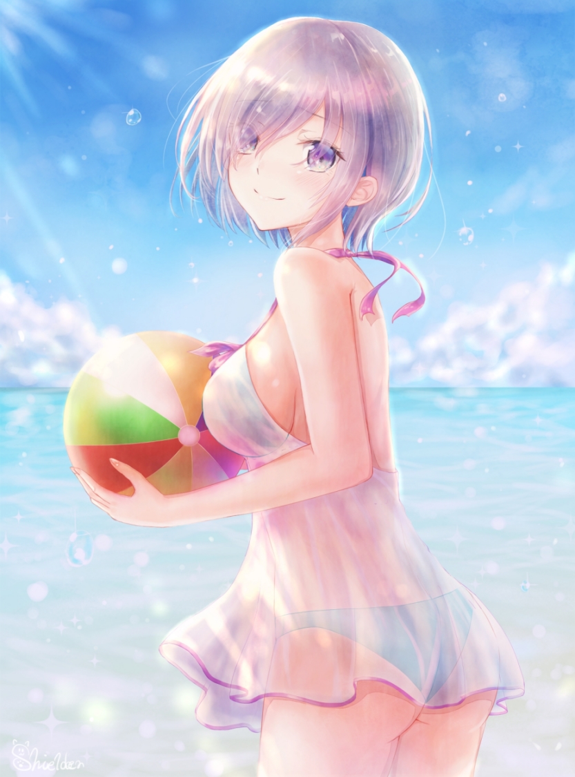 1girl ass ball bare_shoulders beachball blue_sky breasts cloud day fate/grand_order fate_(series) female_focus kinomtan looking_at_viewer mash_kyrielight mash_kyrielight_(swimsuit_of_perpetual_summer) medium_breasts ocean official_alternate_costume outdoors see-through_clothes short_hair silver_hair sky smile solo standing swimsuit