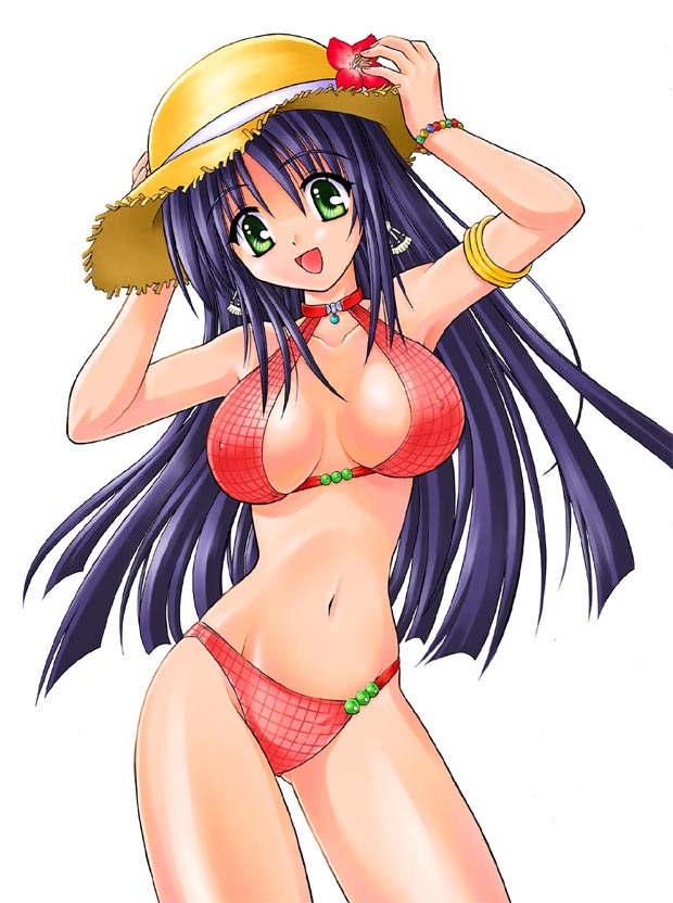 1girl armlet bikini black_hair blue_hair breasts cleavage female_focus flower green_eyes hands_on_headwear hat hat_flower jewelry ketsumyaku_musou long_hair matra_milan open_mouth solo straw_hat swimsuit takamori_chikage