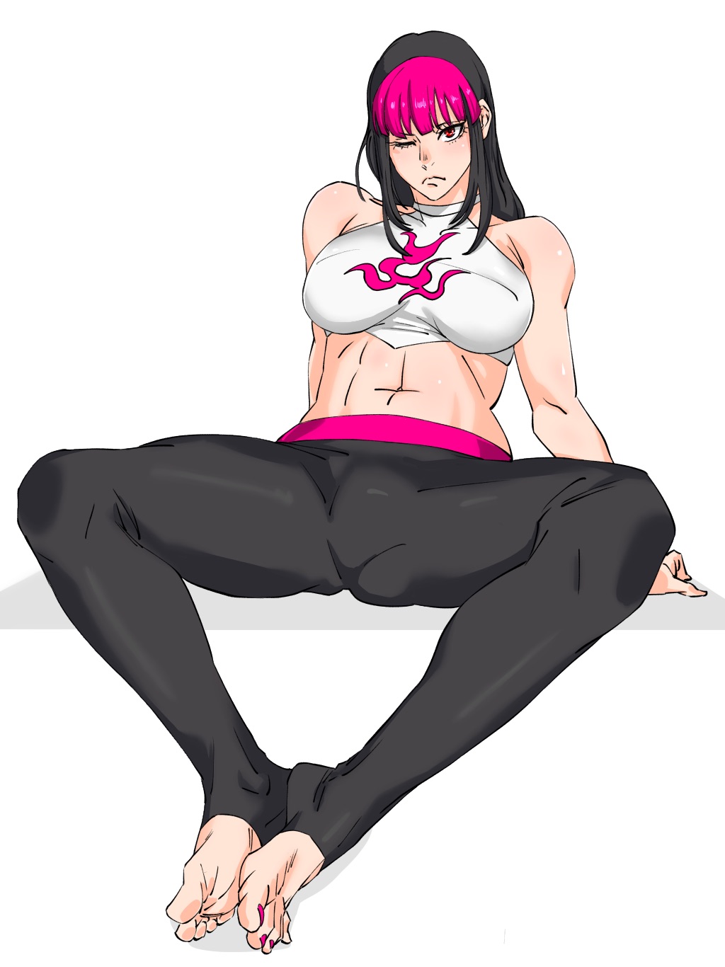 1girl barefoot black_hair feet han_juri highres leggings long_hair looking_at_viewer mattsun_(lyohei) multicolored_hair one_eye_closed red_eyes soles street_fighter toeless_legwear toes two-tone_hair