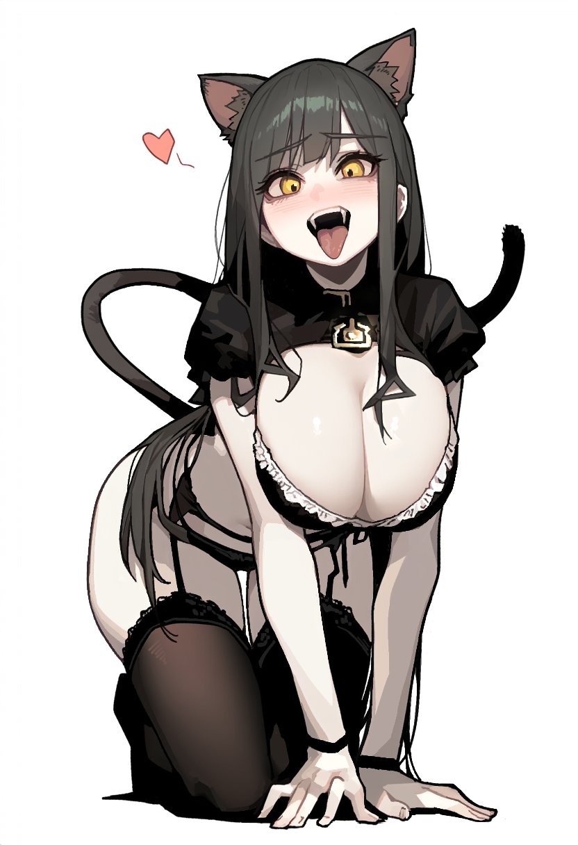 1girl all_fours animal_ears black_bra black_hair black_panties black_thighhighs blush bra breasts cat_ears cat_tail cleavage commentary commission english_commentary fangs frilled_bra frills full_body garter_belt garter_straps heart highres long_hair looking_at_viewer open_mouth original panties rusellunt simple_background solo tail teeth thighhighs tongue underwear upper_teeth_only white_background yellow_eyes