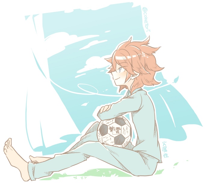 1boy amemiya_taiyou bad_id bad_pixiv_id ball barefoot inazuma_eleven_(series) inazuma_eleven_go male_focus orange_hair profile simple_background sitting smile soccer_ball solo telstar ticktack_chicken