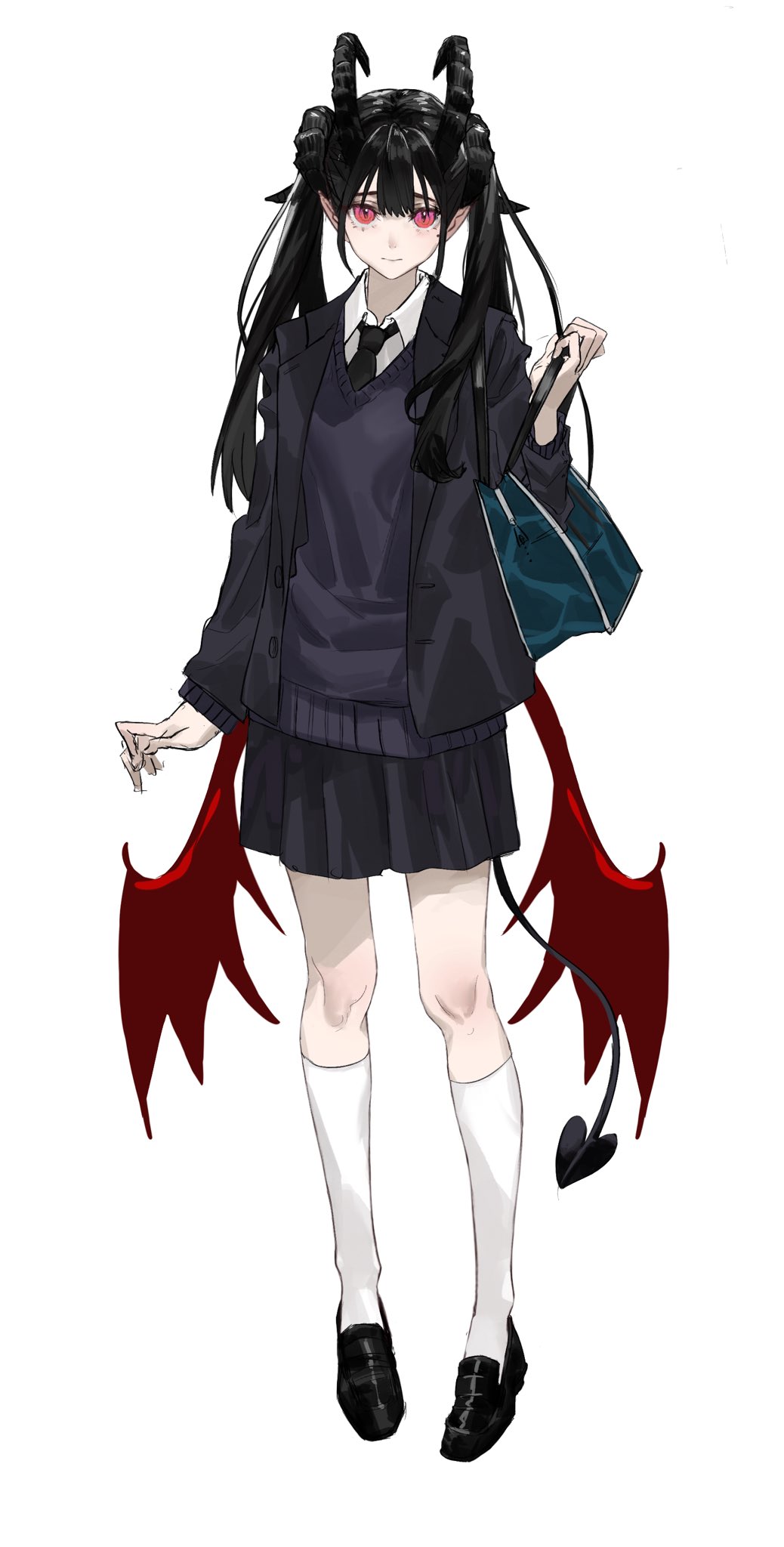 1girl arm_at_side bag black_footwear black_hair black_jacket black_necktie black_skirt blazer buttons center-flap_bangs closed_mouth collared_shirt demon_girl demon_horns demon_tail demon_wings full_body hair_over_shoulder hand_up highres holding holding_bag horns jacket jewelry kneehighs knees lapels layered_sleeves legs_apart loafers long_bangs long_hair long_sleeves looking_at_viewer low_wings miniskirt multiple_horns necktie open_clothes open_jacket original pink_eyes pleated_skirt pointy_ears red_wings sawatani_(_swt2) school_bag school_uniform shirt shoes shoulder_bag sidelocks simple_background skirt slit_pupils socks solo standing sweater tail twintails v-neck white_background white_shirt wings