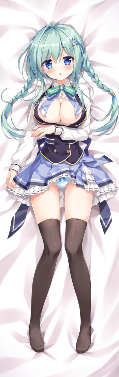 1girl :o ameto_yuki areola_slip bed_sheet black_thighhighs black_vest blue_bow blue_eyes blue_panties blue_skirt blush bokura_no_houkago_sensou! bow bow_panties braid breasts cleavage clothes_lift collared_shirt dakimakura_(medium) dress_shirt frilled_skirt frills full_body green_bow green_hair hair_between_eyes hair_ornament hairclip highres looking_at_viewer lying medium_breasts no_shoes on_back panties parted_lips pleated_skirt school_uniform shirt single_hair_intake skirt skirt_lift solo thighhighs twin_braids twintails underwear vest white_shirt