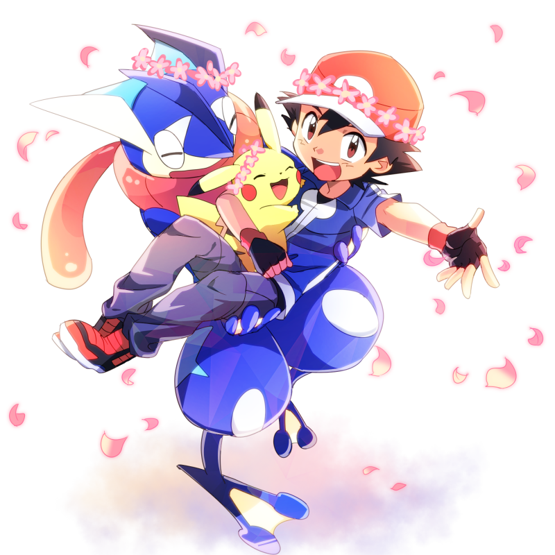 1boy ameiro_pk ash_ketchum black_hair blue_jacket blue_skin closed_eyes colored_skin creatures_(company) fingerless_gloves game_freak gen_1_pokemon gen_6_pokemon gloves greninja hat jacket male_focus nintendo open_mouth pants petals pikachu pokemon pokemon_(anime) pokemon_(creature) pokemon_xy_(anime) red_hat shoes smile standing standing_on_one_leg tongue tongue_scarf