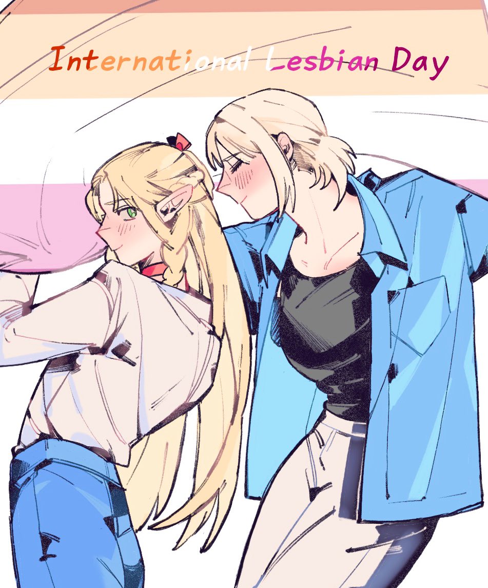 2girls black_shirt blonde_hair blue_jacket blue_pants blush bow choker closed_eyes crop_top dohwa110 dungeon_meshi elf english_text falin_touden falin_touden_(tallman) green_eyes hashtag-only_commentary jacket lesbian_flag long_hair marcille_donato multiple_girls pants pointy_ears red_bow red_choker shirt short_hair sidelocks simple_background white_background white_pants yuri