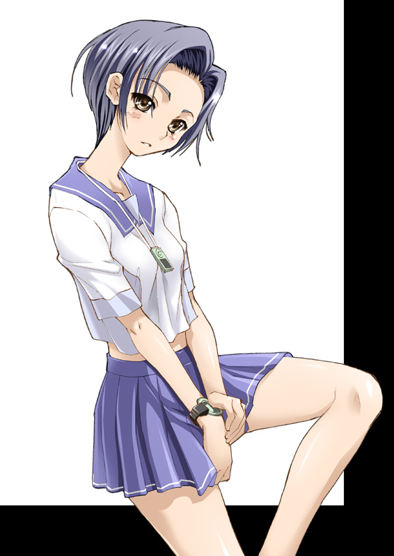 1girl bob_cut female_focus kobayakawa_rinko love_plus own_hands_together school_uniform serafuku shiruko simple_background skirt solo