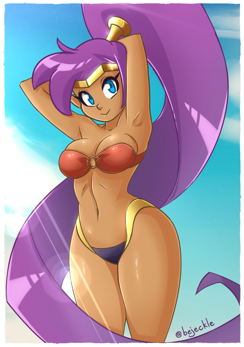 Shantae Shantae Series 1girl Armpits Arms Behind Head Artist Name Bikini Blue Eyes 