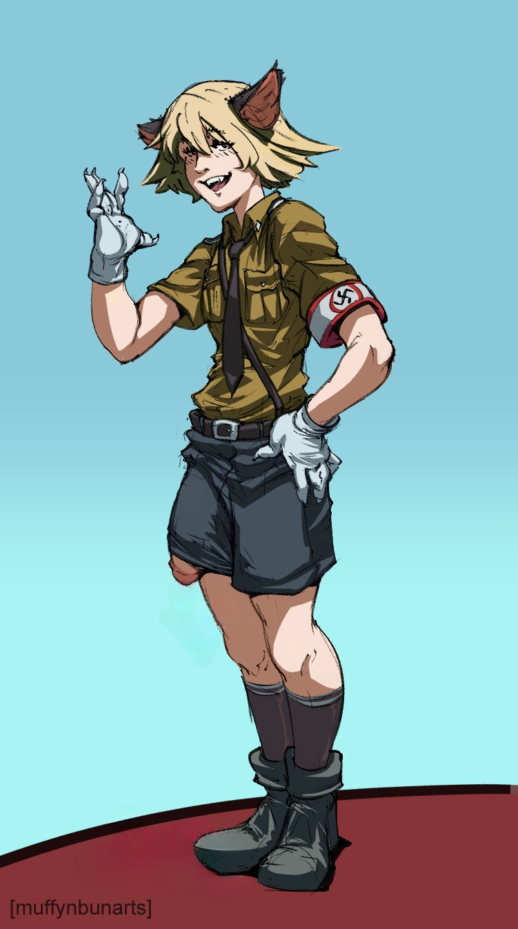 1boy animal_ears belt black_shorts black_socks blonde_hair boots bulge cat_boy cat_ears claws erection erection_under_clothes fangs gloves hand_on_own_hip hellsing highres large_penis male_focus muffynbunarts nazi necktie penis penis_peek schroedinger_(hellsing) sharp_teeth short_hair shorts smile socks solo standing swastika teeth third-party_edit uniform