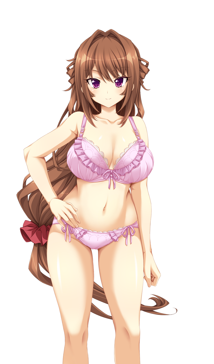 1girl bow bow_bra bow_panties bra breasts brown_hair collarbone frilled_bra frilled_panties frills full_body hair_intakes half_updo hand_on_own_hip highres large_breasts lingerie long_hair looking_at_viewer low-tied_long_hair miyamato_satsuki mucha_(muchakai) panties pink_bra pink_eyes pink_panties realive smile solo underwear underwear_only very_long_hair