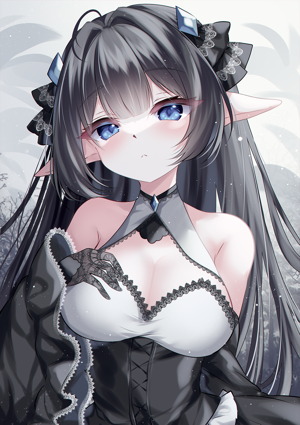 1girl :&lt; amulet bare_shoulders black_dress black_gloves black_hair black_sleeves blue_eyes breasts cleavage closed_mouth detached_sleeves diamond-shaped_pupils diamond_(shape) dress eyelashes frilled_sleeves frills gloves hair_between_eyes hair_intakes hair_ornament hand_on_own_chest hand_up jewelry lace lace-trimmed_dress lace_trim light_blush long_hair looking_at_viewer medium_breasts original pointy_ears sleeveless sleeveless_dress snowing solo symbol-shaped_pupils thick_eyelashes tree upper_body white_dress wide_sleeves yoimachiyomi