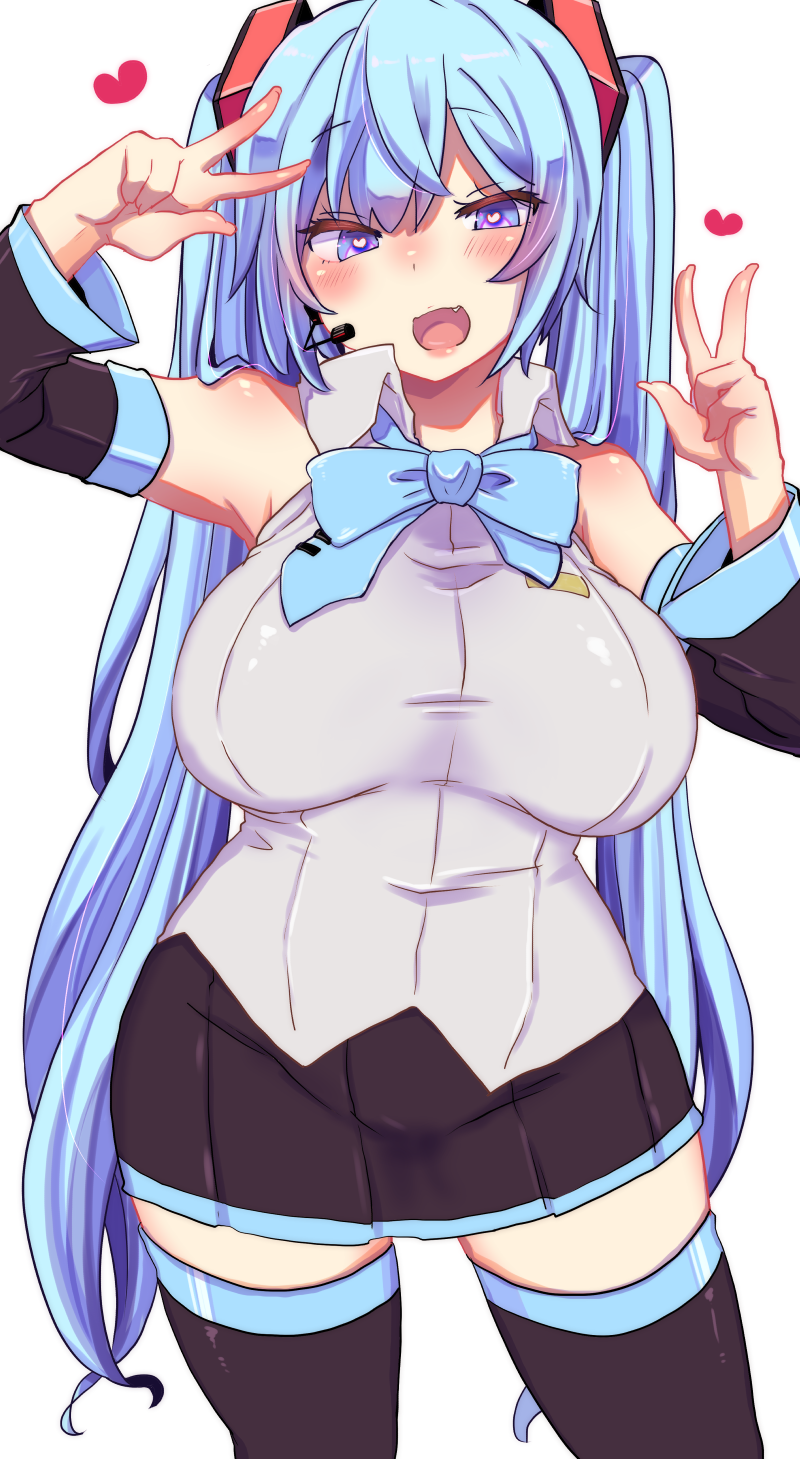 1girl black_skirt black_sleeves black_thighhighs blue_bow blue_bowtie blue_eyes blue_hair blush bow bowtie breasts collared_shirt commentary_request contrapposto cowboy_shot curvy detached_sleeves double_w fang grey_shirt hatsune_miku headset heart heart-shaped_pupils highres kusoyuridanchi large_breasts long_hair long_sleeves looking_at_viewer miniskirt open_mouth orange_hair pleated_skirt shirt simple_background skirt sleeveless sleeveless_shirt smile solo symbol-shaped_pupils thighhighs very_long_hair vocaloid w white_background