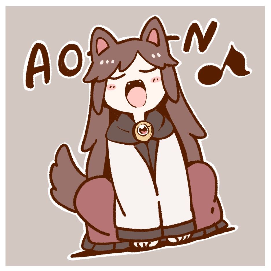 1girl animal_ears blush_stickers brooch brown_hair closed_eyes commentary_request dress eighth_note fangs full_body grey_background howling imaizumi_kagerou jewelry long_hair long_sleeves musical_note open_mouth poronegi red_dress simple_background solo squatting tail touhou white_dress wolf_ears wolf_tail