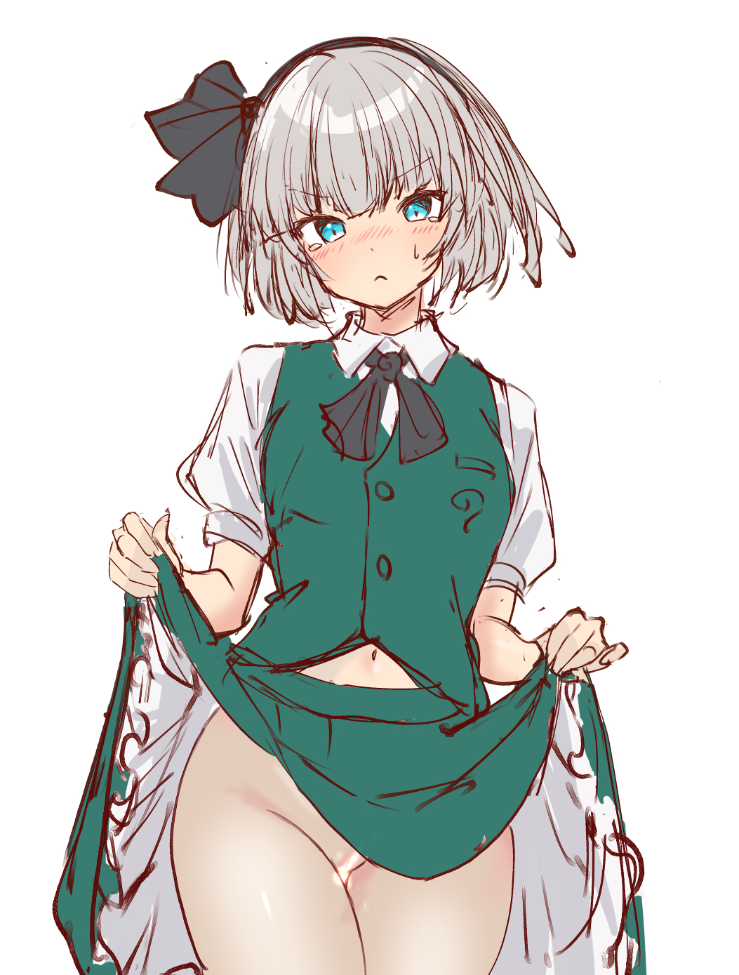 &gt;:( 1girl aqua_eyes black_bow black_bowtie black_hairband blush bow bow_hairband bowtie breast_pocket clothes_lift collared_shirt dot_nose floating_hair frilled_skirt frills green_skirt green_vest grey_hair hairband head_tilt highres konpaku_youmu lifting_own_clothes light_blush light_censor looking_at_viewer midriff_peek navel no_panties nose_blush pocket puffy_short_sleeves puffy_sleeves pussy shirt short_hair short_sleeves simple_background skirt skirt_lift skirt_set soara_shimomo sweatdrop tearing_up touhou v-shaped_eyebrows vest white_background white_shirt