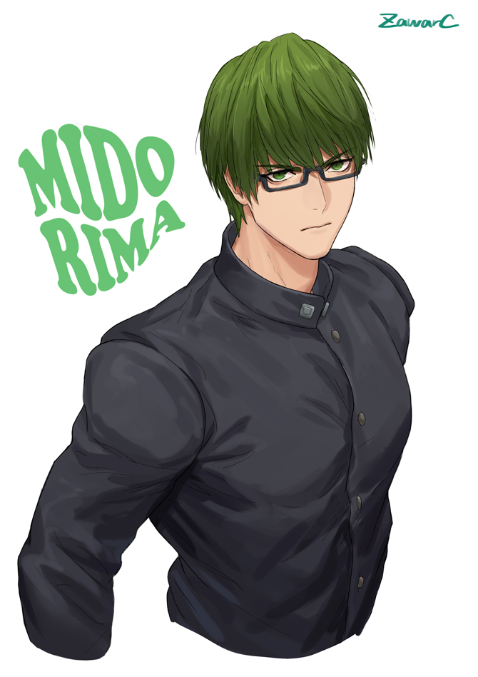 1boy black-framed_eyewear black_jacket character_name closed_mouth collared_jacket commentary_request cropped_arms cropped_torso gakuran glasses green_eyes green_hair jacket kuroko_no_basuke long_sleeves looking_at_viewer male_focus midorima_shintarou rectangular_eyewear school_uniform serious short_hair simple_background solo twitter_username white_background zawar379