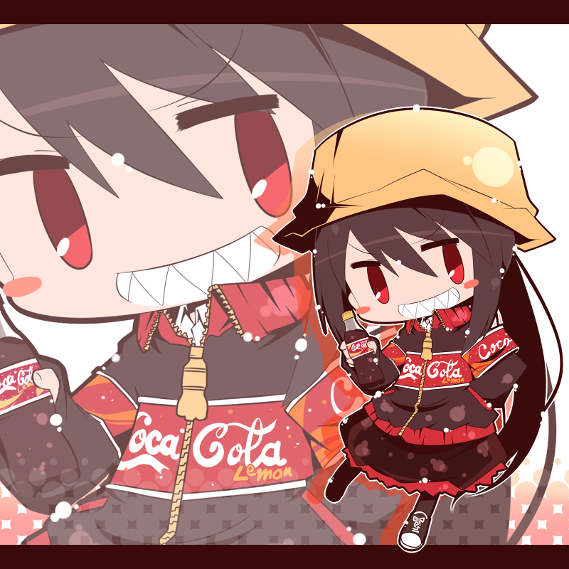 1girl blush_stickers brown_hair chibi coca-cola hat letterboxed mori_no_kaeru personification red_eyes smile