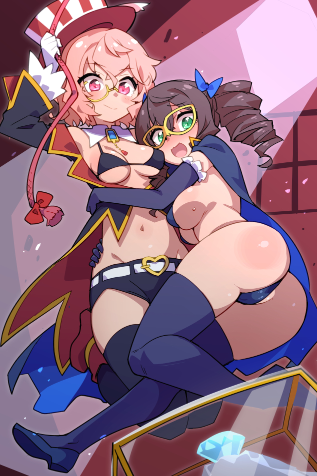 2girls ass bikini black_bikini black_shorts black_thighhighs blue_pasties blue_thighhighs blush breasts brown_hair cameltoe cape cleavage closed_mouth crotch diamond_(gemstone) drill_hair green_eyes hat hug keika_(silky_the_phantom_thief) large_breasts long_hair looking_at_viewer mask monocle multiple_girls navel open_mouth pasties pink_eyes pink_hair short_hair shorts silky_(silky_the_phantom_thief) silky_the_phantom_thief smile stroma swimsuit thief thighhighs top_hat twin_drills yuri