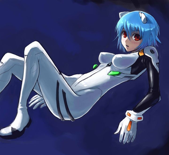 ayanami_rei bad_id bad_pixiv_id beni-syoga blue_background blue_hair from_side hair_between_eyes interface_headset mecha_pilot_suit neon_genesis_evangelion plugsuit red_eyes short_hair solo