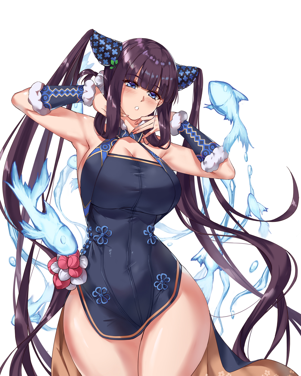 1girl armpits bare_shoulders black_dress blue_eyes blue_fire blunt_bangs blush breasts china_dress chinese_clothes cleavage covered_navel detached_sleeves dress fate/grand_order fate_(series) fire fish floral_print hair_ornament hands_up highres large_breasts leaf_hair_ornament long_hair looking_at_viewer nichts_(nil) open_mouth purple_hair side_slit sidelocks simple_background solo thighs twintails very_long_hair white_background yang_guifei_(fate) yang_guifei_(second_ascension)_(fate)