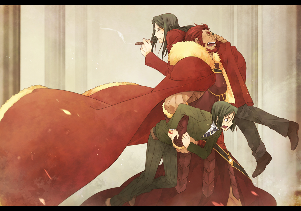 3boys aged_up beard black_hair bob_cut cape carrying cigar closed_eyes command_spell facial_hair fate/zero fate_(series) iskandar_(fate) letterboxed long_hair lord_el-melloi_ii male_focus multiple_boys necktie open_mouth red_hair shoulder_carry time_paradox waver_velvet yun_(neo)