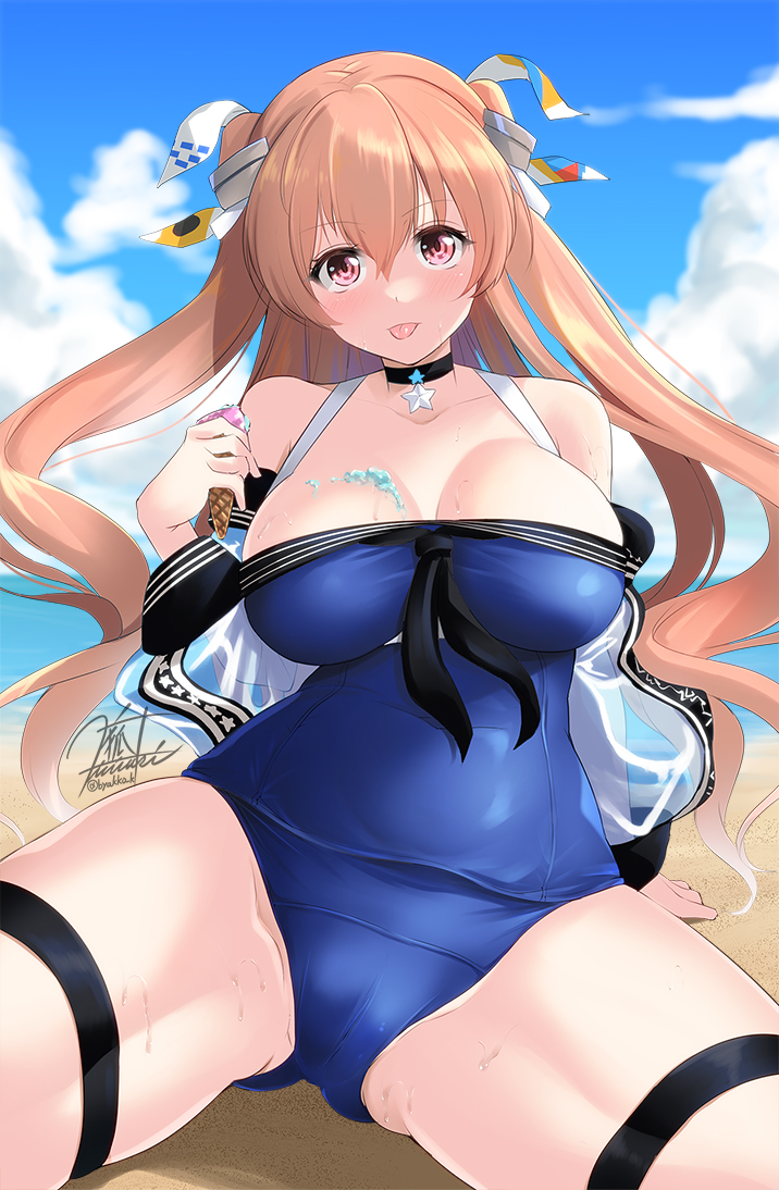 1girl beach blue_one-piece_swimsuit blue_sky breasts brown_eyes casual_one-piece_swimsuit cloud commentary_request cowboy_shot day food horizon ice_cream jacket johnston_(kancolle) johnston_(swimsuit_mode)_(kancolle) kantai_collection kirisaki_byakko large_breasts light_brown_hair long_hair looking_at_viewer ocean official_alternate_costume one-piece_swimsuit outdoors see-through_clothes see-through_jacket sitting sky solo swimsuit thick_thighs thighs tongue tongue_out two_side_up