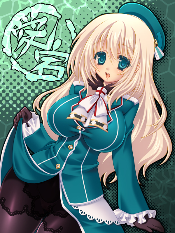 10s 1girl atago_(kancolle) black_gloves black_pantyhose blonde_hair blush breasts female_focus gloves green_eyes hakoiri_nyanko hat kantai_collection large_breasts long_hair looking_at_viewer military military_uniform panties panties_under_pantyhose pantyhose personification smile solo underwear white_panties