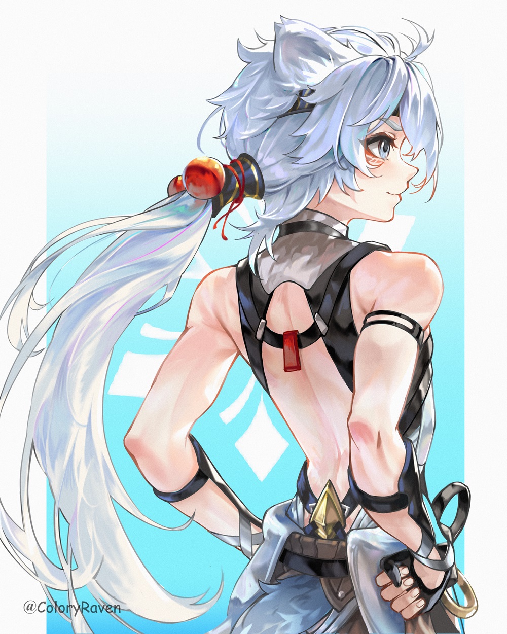 1boy backless_outfit coloryraven cowboy_shot detached_sleeves from_behind grey_eyes highres lingyang_(wuthering_waves) long_hair looking_to_the_side male_focus ponytail smile solo white_hair wuthering_waves