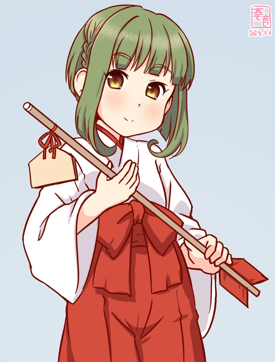 1girl alternate_costume arrow_(projectile) artist_logo blue_background blunt_bangs braid brown_hair dated ema green_eyes hakama hamaya holding japanese_clothes kanon_(kurogane_knights) kantai_collection kimono logo miko one-hour_drawing_challenge red_hakama short_hair short_hair_with_long_locks side_braid simple_background solo takanami_(kancolle) white_kimono