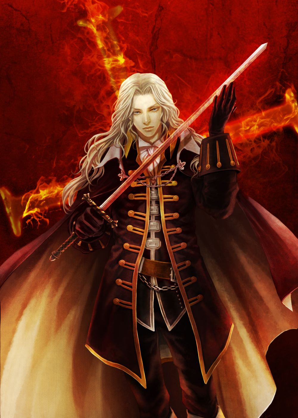 1boy alucard_(castlevania) ascot belt bishounen cape castlevania:_symphony_of_the_night castlevania_(series) chain cross dhampir fire gloves half-human highres long_hair male_focus silver_hair solo sword tetra_takamine undead vampire weapon