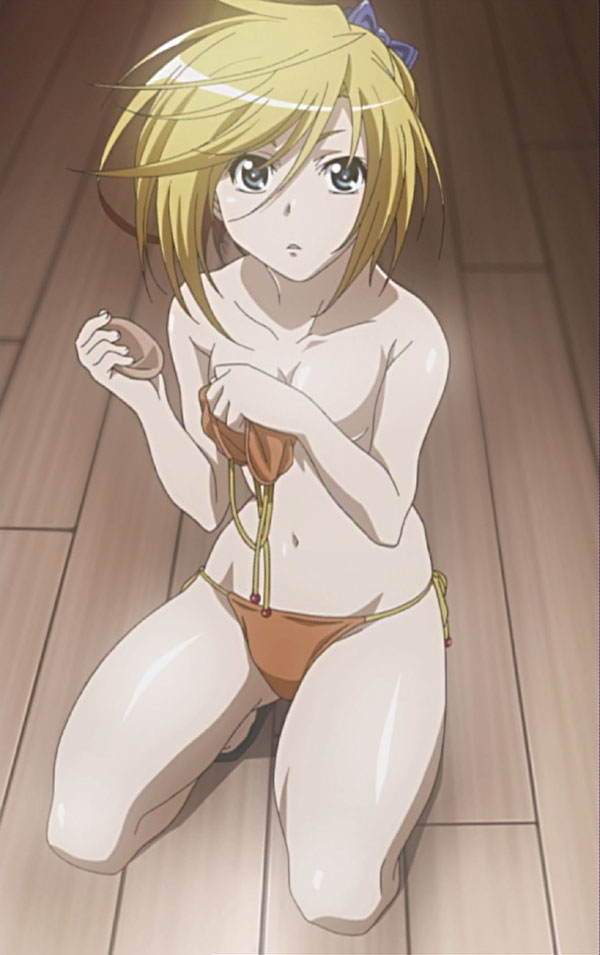 00s anime_screenshot asu_no_yoichi barefoot bikini blonde_hair covering_breasts covering_privates feet ikaruga_ayame kneeling short_hair solo stitched swimsuit third-party_edit topless