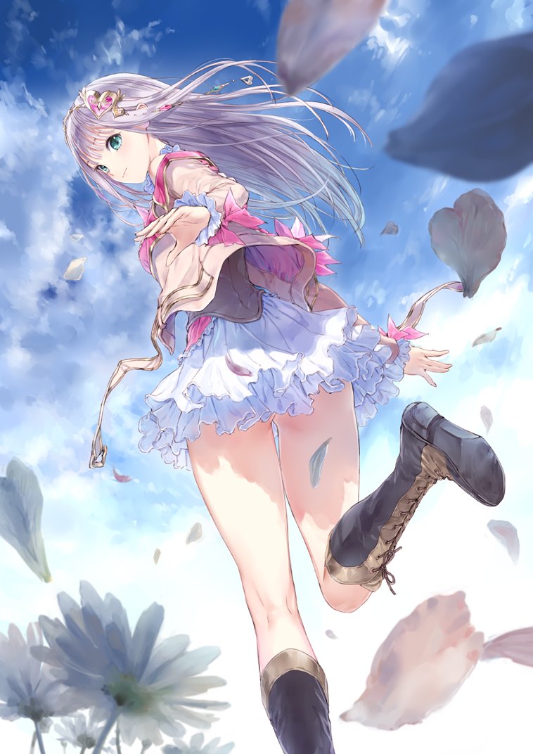 1girl atelier_(series) atelier_lulua blue_sky blunt_bangs boots cloud commentary_request cross-laced_footwear elmerulia_frixell flower from_below green_eyes grey_hair hair_ornament heart kishida_mel lace-up_boots long_hair long_sleeves looking_at_viewer looking_back miniskirt official_art petals skirt sky solo thighs white_skirt