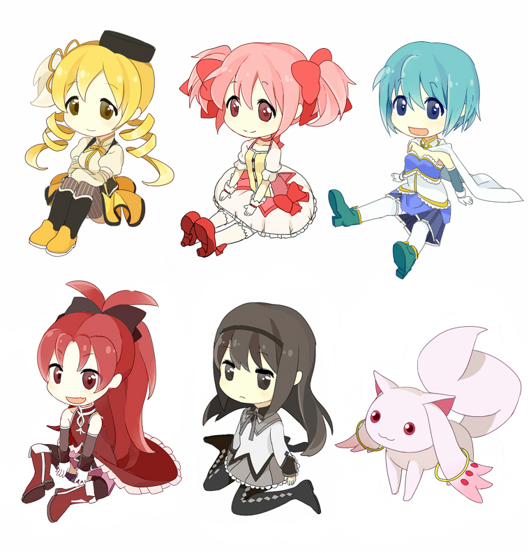 5girls akemi_homura akemi_homura_(magical_girl) black_hair black_hat black_pantyhose blonde_hair blue_eyes blue_hair blue_skirt cape chibi chibi_only danchi_(pomechize) dress fang full_body hat kaname_madoka kaname_madoka_(magical_girl) kyubey long_hair long_sleeves magical_girl mahou_shoujo_madoka_magica miki_sayaka miki_sayaka_(magical_girl) multiple_girls pantyhose pink_hair ponytail puffy_short_sleeves puffy_sleeves red_hair red_ribbon ribbon sakura_kyoko sakura_kyoko_(magical_girl) shirt short_sleeves short_twintails sitting skin_fang skirt smile thighhighs tomoe_mami tomoe_mami_(magical_girl) twintails very_long_hair white_cape white_shirt white_thighhighs yellow_footwear