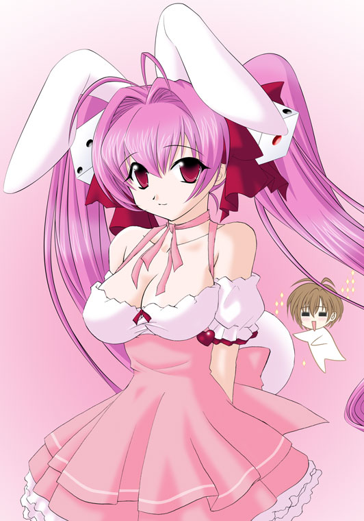 1boy 1girl animal_ears antenna_hair bow breasts chibi chibi_inset di_gi_charat di_gi_charat_(1999) dress hair_intakes hair_ornament halterneck large_breasts pink_bow pink_hair rabbit_ears rabbit_tail red_eyes usada_hikaru