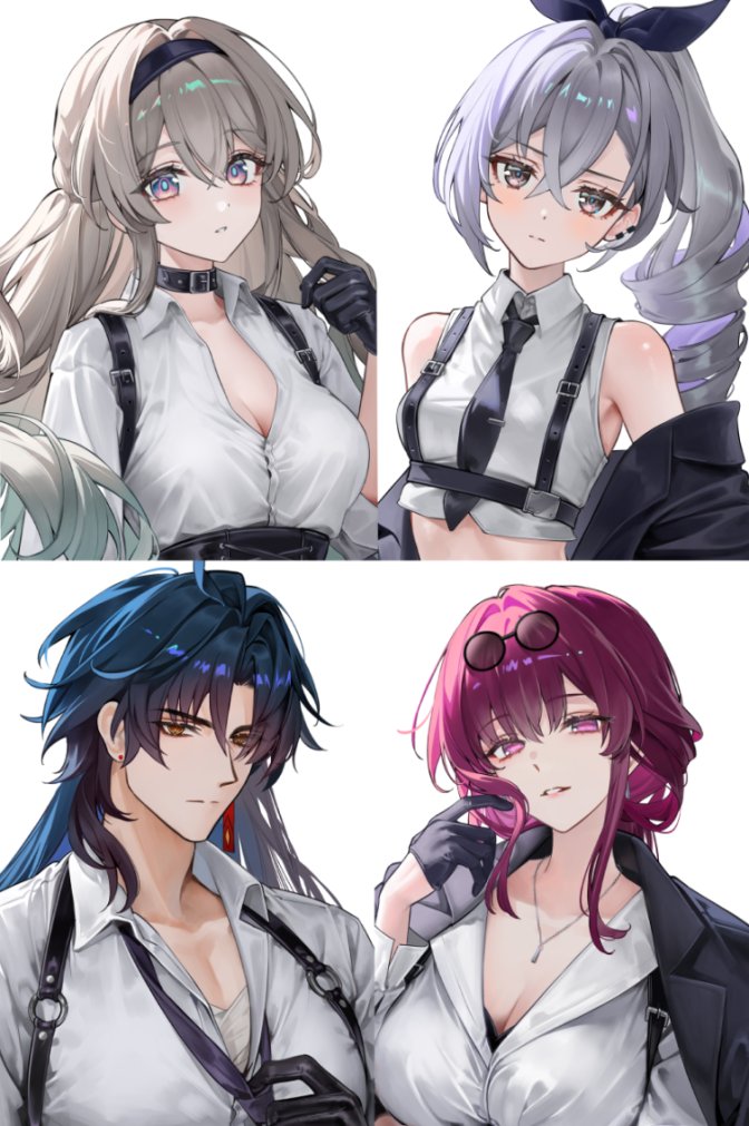 1boy 3girls black_choker black_hairband blade_(honkai:_star_rail) blue_hair breasts brown_eyes chest_harness choker cleavage commentary crop_top drill_hair firefly_(honkai:_star_rail) grey_hair hairband harness head_tilt honkai:_star_rail honkai_(series) jewelry kafka_(honkai:_star_rail) long_hair looking_at_viewer midriff multiple_girls necklace parted_lips purple_eyes purple_hair rity shirt silver_wolf_(honkai:_star_rail) simple_background sleeveless sleeveless_shirt upper_body very_long_hair white_background white_shirt