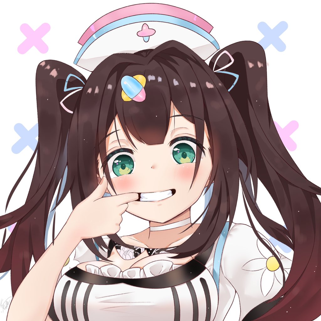 1girl blush breasts brown_hair choker cleavage collarbone finger_to_mouth green_eyes hair_ornament hanamori_healthy hat kamimori_kuuraku looking_at_viewer medium_breasts melty+ nurse nurse_cap pill_hair_ornament simple_background smile solo teeth twintails virtual_youtuber white_choker