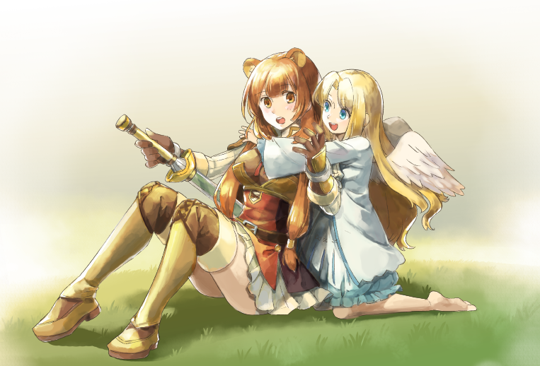 2girls :d alternate_hair_color animal_ears armor belt black_dress blonde_hair blue_eyes blunt_bangs boots breastplate breasts brown_belt brown_boots brown_eyes brown_gloves brown_hair commentary_request dress elbow_gloves feathered_wings filo_(tate_no_yuusha_no_nariagari) gloves high_collar holding holding_sword holding_weapon hug kneeling layered_dress long_hair long_sleeves looking_at_another medium_breasts metal_hair_tubes metal_wrist_cuffs multiple_girls obi_chang on_grass open_mouth raccoon_ears raccoon_girl raphtalia red_dress short_dress sidelocks sitting smile sword tate_no_yuusha_no_nariagari thigh_boots two-tone_dress unsheathed upper_body weapon white_dress white_wings wings